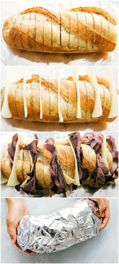 four different types of breads with white icing on them and one being wrapped in foil