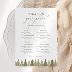 a wedding game with pine trees and the words what's on your plate?