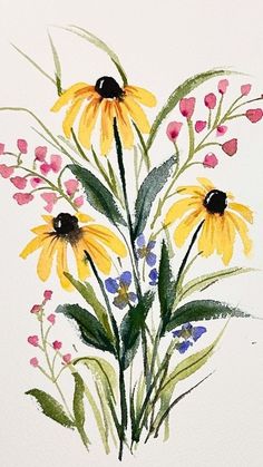 a watercolor painting of yellow flowers with pink and blue berries in the center on a white background