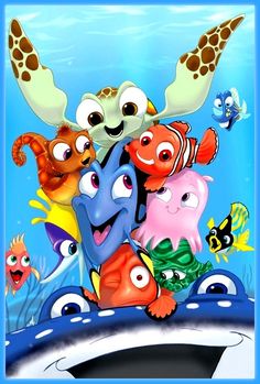 the poster for finding nemo is shown in front of an ocean scene with fish and turtle