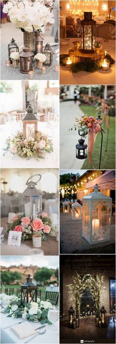 wedding decorations and flowers are shown in this collage, including lanterns, tables, and chairs