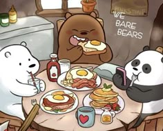 there are two bears eating breakfast at the table with eggs and bacon on it, while another bear is sitting next to them