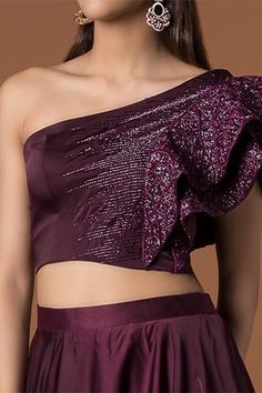 Shop for Mehak Murpana Maroon Milano Satin One Shoulder Blouse And Lehenga Set for Women Online at Aza Fashions One-shoulder Silk Blouse For Party, Silk One-shoulder Party Top, Silk Sets With Ruffles For Party, Silk Party Sets With Ruffles, Festive One Shoulder Party Wear Sets, One-shoulder Sequined Sets For Festive Occasions, Fitted Asymmetrical Sets For Festive Occasions, Festive Asymmetrical Fitted Sets, Festive Embellished One-shoulder Set