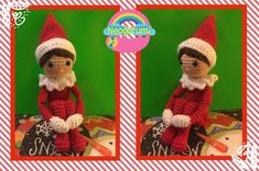 two pictures of a crocheted elf sitting on top of a christmas present box