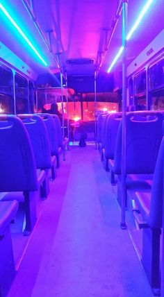 an empty bus with purple and blue lights