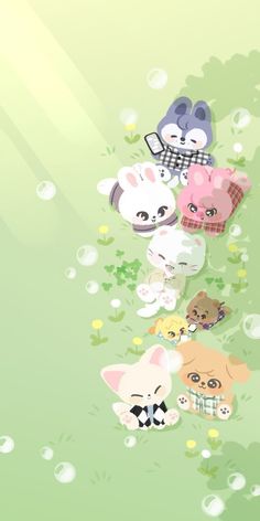 an animated image of many small animals in the grass, with bubbles coming out of them