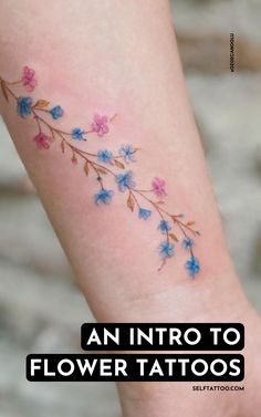 an tattoo with flowers on the side of it and text that reads, an into to flower