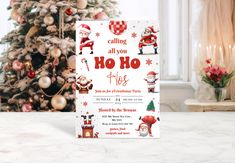 a christmas party card with santa clause on it next to a christmas tree and presents