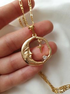 New Moon & North Star Celestial Lunar Face Sky Dainty 18k Gold Plated Charm Pendant Minimalist Necklace Jewelry, Gift for Her, Birthday Gift - Etsy Indie Birthday Gifts, Vintage Moon Necklace, Pretty Jewellery Gold, Moon Gift Ideas, Star Celestial, Gold Necklace Pendant, Sun And Moon Necklace, North Star Necklace, Pendant Necklace Vintage