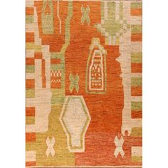 an orange and green rug with various shapes