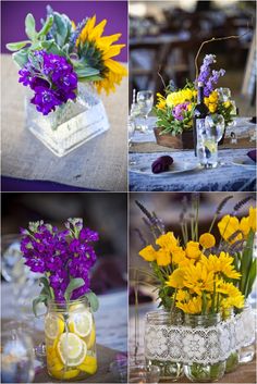 four different vases filled with flowers and lemon slices on top of a table cloth