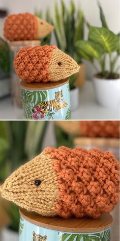 there is a crocheted hedge sitting on top of a cup