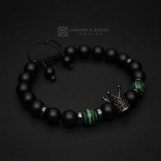 "top jewelry gifts for men and women, gifts for boyfriend, unique gifts ideasCrown Bracelet Handcrafted bracelet made with 8mm Matte Onyx, Malachite and Hematite disc beads, featuring gunmetal Crown charm embellished with black Zircon stones. It's adjustable, utilizing a sliding knot made with macrame cord and is easy to put on and take off by yourself. Please choose one of the 2 size options (For Men or Women) from drop down menu. Men`s Size : 7\"- 8.5\" (18 cm -21 cm) Women`s Size: 6\"-7.5\" ( Adjustable Round Onyx Bracelets, Adjustable Black Wristband With Natural Stones, Black Rosary Bracelet With Gemstone Beads As Gift, Black Gemstone Beads Rosary Bracelet Gift, Adjustable Onyx Bracelet, Black Gemstone Beads Wristband Gift, Black Gemstone Beads Wristband, Green Bracelets With Black Beads As Gift, Spiritual Black Beaded Bangle Bracelet