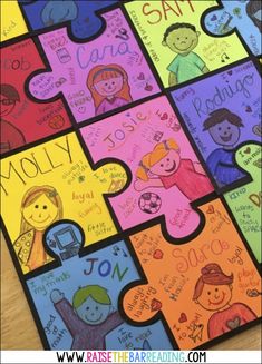 a colorful puzzle piece with children's names on it