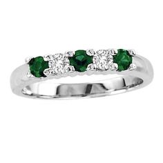 Celebrate her May birthday with a ring that's just her style. Fashioned in cool 14K white gold, this elegant ring features alternating 3.0mm lush green emeralds and shimmering white diamonds, creating a look that grabs the eye and doesn't let go. Sparkling with 1/5 ct. t.w. of diamonds and buffed to a brilliant luster, this ring is one she'll be proud to wear. Formal Green Diamond Ring With Half Eternity, Classic 14k White Gold Green Diamond Ring, Green Diamond Ring With Half Eternity Band, Green Diamond Half Eternity Round Cut Ring, Green Diamond Ring With Round Band, Classic 14k White Gold Emerald Ring For May Birthstone, Classic White Gold Diamond Ring For May Birthstone, 14k White Gold Green Diamond Ring With Vvs Clarity, Green Diamond Ring For Anniversary With Half Eternity Band