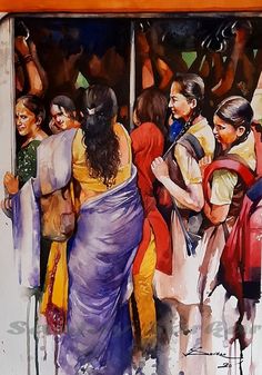 a painting of people standing in front of a store window with their backs to the camera