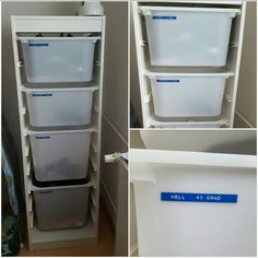 three pictures of different storage bins in the same room, one is white and the other has blue labels on them