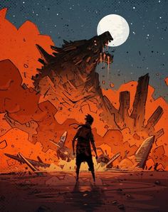 a man standing on top of a dirt field next to a giant monster in front of a full moon