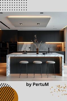 an image of a modern kitchen with black and gold accents on the countertop, along with bar stools