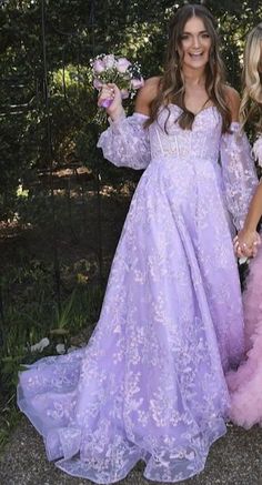 Lilac Tulle Prom Dress, Purple Prom Dresses With Sleeves, Pastel Prom Dress Long, Tangled Inspired Prom Dress, Floral Prom Theme, Tangled Prom Dress, Purple Floral Prom Dress, Rapunzel Prom Dress, Enchanted Garden Prom Dress