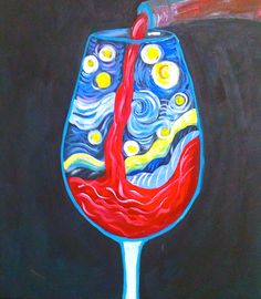 a painting of a wine glass with the starry night as it pours into it