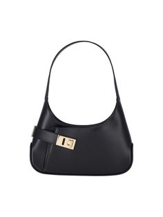 Ferragamo "Gancini" detail shoulder bag in black leather, top handle, zip closure, gold metal "Gancini" hardware detail on the front, flat front pocket, two internal card slots, and main interior compartment. Composition: 100% Calf Leather Classic Hobo Bag With Metal Hardware For Formal Occasions, Classic Formal Hobo Bag With Metal Hardware, Timeless Shoulder Bag With Branded Hardware For Daily Use, Timeless Shoulder Bag For Daily Use With Branded Hardware, Sleek Business Shoulder Bag With Gold-tone Hardware, Classic Office Hobo Bag With Gold-tone Hardware, Classic Evening Baguette Bag With Metal Hardware, Business Hobo Shoulder Bag With Gold-tone Hardware, Business Bucket Shoulder Bag With Gold-tone Hardware