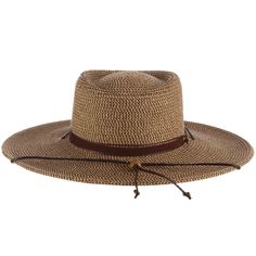 Classy gaucho style hat with flat brim, 4" wide. Sunken crown with straight sidewalls. Faux suede band with waxed cord tie accent. Faux leather chin strap. Adjustable drawstring inside crown. UPF 50+ sun protection hat. One size. 100% toyo braid Adjustable Fedora With Braided Detail And Flat Brim, Adjustable Flat Brim Braided Fedora, Adjustable Braided Fedora With Flat Brim, Adjustable Braided Fedora, Adjustable Brown Boater Hat With Flat Crown, Brown Western Boater Hat With Wide Brim, Western Style Brown Wide Brim Boater Hat, Adjustable Braided Fedora Hat, Brown Wide Brim Western Boater Hat