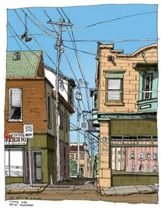 a drawing of an urban street with buildings and power lines in the sky above it