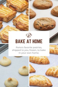 baked pastries and cookies are shown in three different pictures with the words bake at home