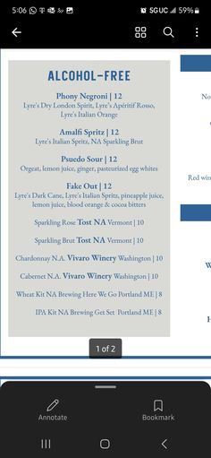 an iphone screen showing the menu for alcohol and wine tasting in blue, white and black