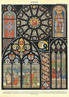 an old stained glass window with many different designs