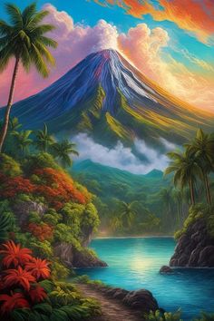 a painting of a mountain with trees and water in the foreground, surrounded by palm trees