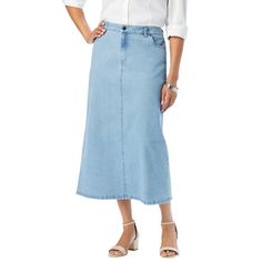 Jessica London Women's Plus Size True Fit Stretch Denim Midi Skirt Skirt.Premium stretch denim and a no-gap contoured waistband give this denim midi skirt a curve-hugging fit thats full-on flattering. The look is relaxed but also refined, making it polished enough to wear to the office and cool enough for weekend outings. Premium stretch denimSlightly lower contoured waist5-pocket styling, zip-button closure, belt loopsA-line silhouette36" length hits mid-calfCotton/poly/spandex Machine wash; im Casual Denim Skirt, Ladies Of London, Work Wear Women, Denim Midi Skirt, Brand Style, Skirt Skirt, Casual Denim, Stretch Denim, Size Clothing