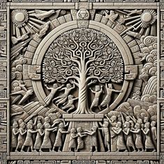 an intricately designed relief depicting the tree of life with people around it, surrounded by other symbols