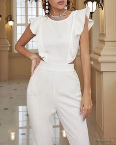 Lasaky - Flutter Sleeve Ruffle Hem Jumpsuit White Sleeveless Ruffled Jumpsuit, Elegant Ruffled Jumpsuits And Rompers For Brunch, White Sleeveless Ruffled Jumpsuits And Rompers, White Sleeveless Jumpsuit With Ruffles, Elegant Sleeveless Ruffled Jumpsuits And Rompers, Fitted Ruffled Jumpsuit For Brunch, Fitted Ruffled Jumpsuits And Rompers For Brunch, Elegant Short Sleeve Romper With Ruffles, White Ruffled Jumpsuit For Night Out