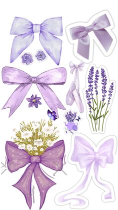 some purple bows and flowers on a white background