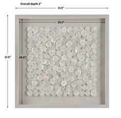 the size and measurements of a framed glass tile wall art piece with white circles on it