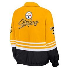 Keep the breeze at bay with this Pittsburgh Steelers windbreaker from WEAR by Erin Andrews. It features throwback team graphics over a vintage striped design. Cheer the Pittsburgh Steelers to victory in windy weather with this sleek full-zip jacket.Keep the breeze at bay with this Pittsburgh Steelers windbreaker from WEAR by Erin Andrews. It features throwback team graphics over a vintage striped design. Cheer the Pittsburgh Steelers to victory in windy weather with this sleek full-zip jacket.Se Throwback Long Sleeve Track Jacket For Sports Events, Sporty Track Jacket For Game Day, Sporty Team-colored Track Jacket For Fall, Sporty Team-colored Track Jacket For Sports Season, Sporty Track Jacket For Sports Season, Sporty Hooded Track Jacket For Game Day, Throwback Sports Track Jacket, Sporty Windbreaker For College Sports Season, Sportswear Windbreaker For Sports Season