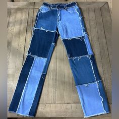 Never Worn. Size 6-8 Women’s. Stretchy Material. Blue Recycled Denim Bottoms With Patchwork, Blue Patched Denim Jeans, Trendy Denim Blue Patchwork Jeans, Trendy Light Wash Patchwork Jeans, Trendy Patchwork Denim Blue Jeans, Blue Denim Jeans With Patches, High Rise Blue Patchwork Jeans, Blue High Rise Patchwork Jeans, Patchwork Denim Blue Jeans