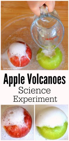 an apple volcano science experiment for kids to learn how to make it in the kitchen