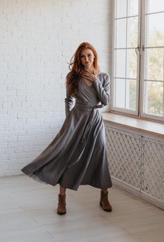 The must-have wrap top dress made from 100% high quality linen. This comfortable long sleeved dress has a V-neckline, side pockets and a wide tie belt that emphasizes the waist. Featured in the Gray shade here, this elegant and timeless linen piece is available in a variety of colors. ♠ If you would like a removable Slip dress in addition to your Linen dress, please check the Slips section: http://etsy.me/36T5ZQu ♠ Sizes The model on the picture is 165 cm/5'5" tall and is wearing size S Have a l Fall Linen Midi Dress With V-neck, Long Sleeve Linen Dress For Work, Long Sleeve Linen Midi Dress For Fall, Elegant Long Sleeve Linen Midi Dress, Fall Linen, Plus Size Linen, Midi Dress Elegant, Linen Clothing, Linen Midi Dress