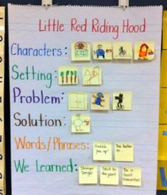 a bulletin board with writing on it and pictures pinned to the back of it that says, little red riding hood characters setting problem solution solution words / phrases