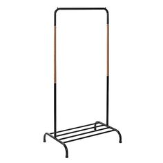 a black metal rack with two wooden handles