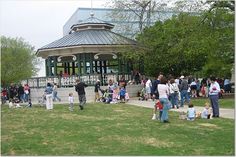 a group of people standing in front of a gazebo on top of a lush green field