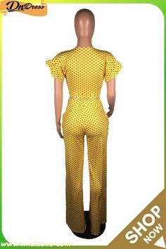 Yellow Milk Silk Street Dot Loose Short Sleeve Two-piece Pants Set Summer Party Sets With Pockets, Polka Dot Fitted Summer Sets, Casual Polka Dot Bottoms For Party, Polka Dot Casual Party Bottoms, Fitted Trousers Pant Set For Summer, Casual Polka Dot Party Bottoms, Fitted Polka Dot Sets For Spring, Casual Polka Dot Sets For Spring, Yellow Milk