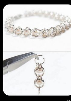 two pictures showing how to make a chain bracelet with pearls on it and scissors in the foreground