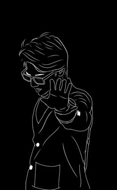 a black and white drawing of a person talking on a cell phone in the dark