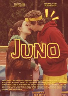 a movie poster with two people kissing and the words juno written in large letters on it