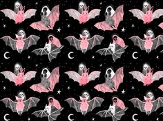 a black background with pink bats and stars