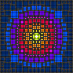 an image of a cross stitch pattern in blue, purple and orange colors with squares